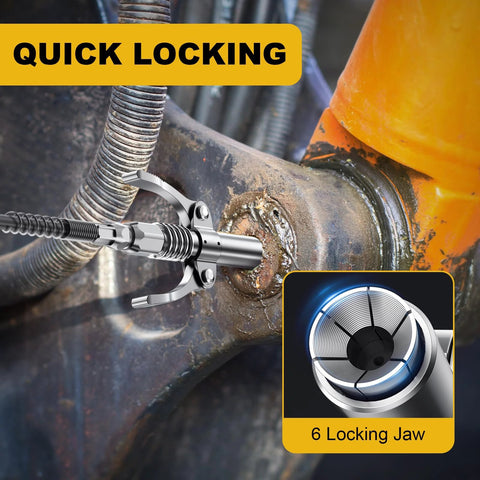 Grease gun kit with quick-locking 6-jaw mechanism, 8000 PSI, silver metal body with 18-inch flex hose.