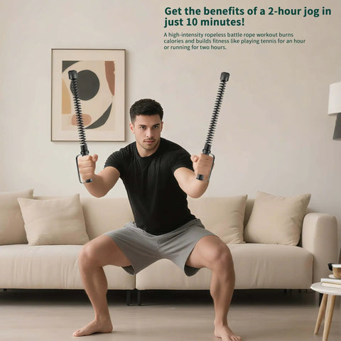 Man using Two Pack Ropeless Battle Ropes For Home Gym Cordless Workout Ropes With Gloves Bag And Tutorial for HIIT exercise