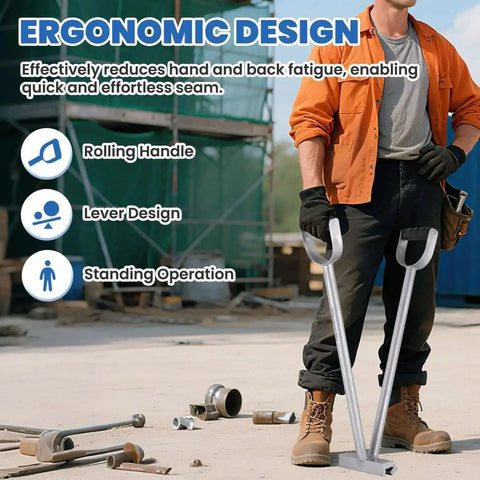 Man using Heavy Duty 2-In-1 Hand Seamer for Sheet Metal Bending, ergonomic design shown in construction setting