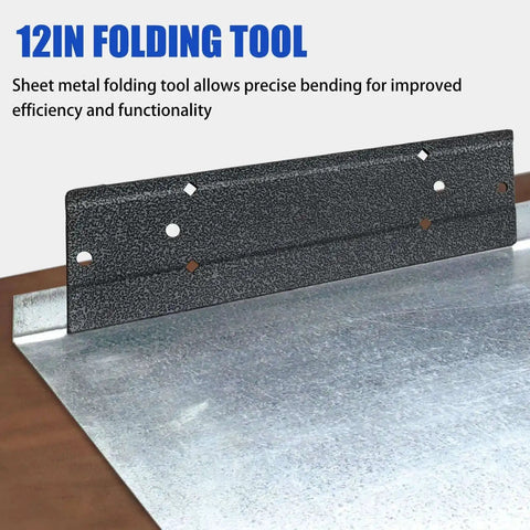 12 Inch Sheet Metal Bender With Dual Folding Depths 3/8 And 1 Inch, handy tool for metal bending shown on metal sheet.