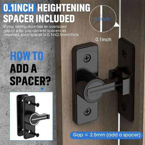 90 Degree Flip Barn Door Lock with heightening spacer included for smooth operation on sliding wood doors.