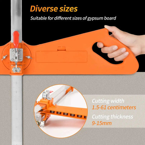 Upgraded Drywall Cutting Tool With 2 Extra Replacement Blades And Extended Nylon Handle shown cutting gypsum board