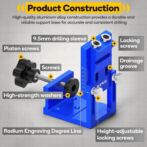Pocket Hole Jig Kit For 15 Degree Angled Holes All Metal Woodworking Drill Guide with locking screws, blue aluminum build