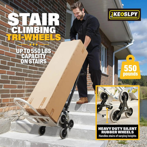 3 In 1 Industrial Convertible Aluminum Hand Truck Dolly Cart with 1000 lbs capacity stair climbing on steps with large box