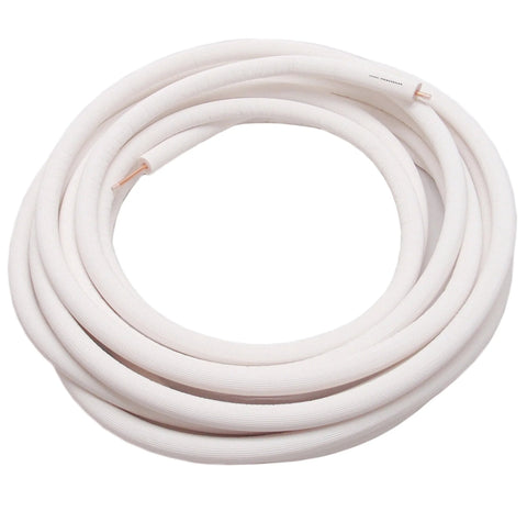 Insulated copper coil tubing, 1/4 inch, with white outer insulation for HVAC refrigerant use.