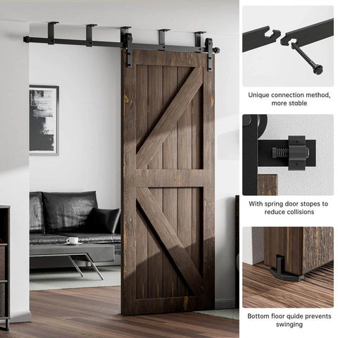 Heavy Duty Ceiling Mount Sliding Barn Door Hardware Kit For Single Door Black Finish Ceiling Track System Fits Door Thickness 1.18 To 1.96 Inches 84 Inch Wide Door J Shape Hanger Supports Up To 330 Lbs installed view with wooden door