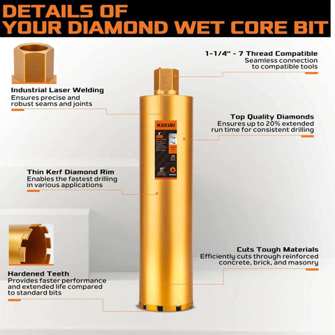 Heavy Duty Wet Core Drill Bit For Concrete And Masonry, Five And A Half Inch Diameter, Sixteen Inch Drilling Depth, Ten Millimeter Segment Height, Arbor From One And A Quarter To Seven Inches, For Marble Granite Brick And Hard Masonry, Wet Only, shown with product features highlighted.