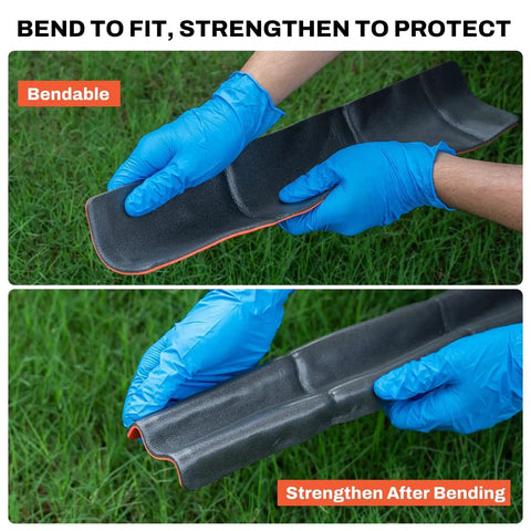 Image of hands wearing blue gloves bending and shaping an Emergency First Aid Splint For Fracture Stabilization Field Ready 36 Inch By 4.3 Inch Orange Gray.