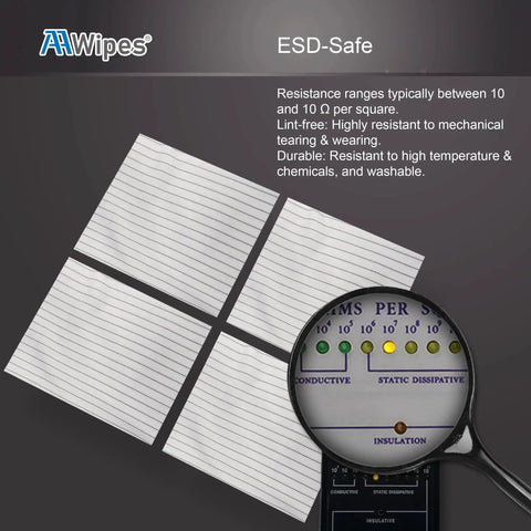 Anti Static Cleanroom Wipe Cloths 4x4 Pack Of 400 Static Dissipative Polyester with ESD-safe properties and magnified details