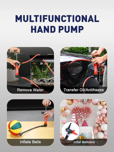 Hand Fluid Transfer Pump Siphon For Gas Oil RV Antifreeze Lawn Mower Fish Tank shown in various uses including water removal and inflating
