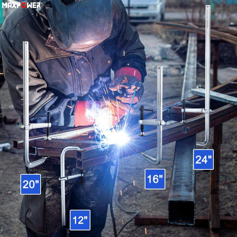 Heavy Duty F Clamp Set, 16 Inch Opening, 4.75 Inch Throat Depth, 2 Pack Weld Clamps, Forged Steel Construction in welding use