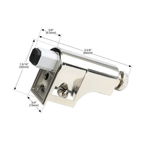 Soft Close Cabinet Damper 5 Pack Polished Nickel Finish Easy Install for Cabinets With Fully Concealed Self Closing Hinges No Sweat Hinge Side Mount in Top or Bottom Corner shown with dimensions