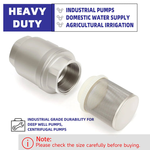 Foot valve with filter, stainless steel body, 2-1/2 in NPT, prevents backflow in irrigation and industrial piping.