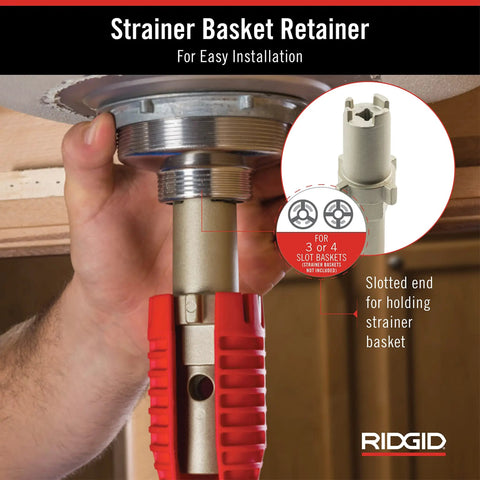 No Fuss Under Sink Faucet Install And Removal Wrench With 6 Sided Cube Insert For Five Eighths, Three Quarters, Seven Eighths, Fifteen Sixteenths And One Inch Nuts Ridgid EZ Change Tool being used to install a strainer basket under a sink.