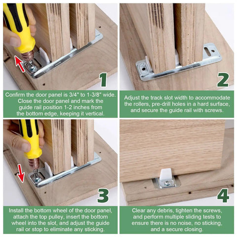 Installation steps for Sliding Closet Door Floor Guide For Bottom Track Systems Adjustable Steel Guides For Floor Screws Hardware Fits Three Quarters Inch To One And Three Eighths Inch Thick Doors Includes One Set With Two Screws Smooth Sliding And Easy Installation.