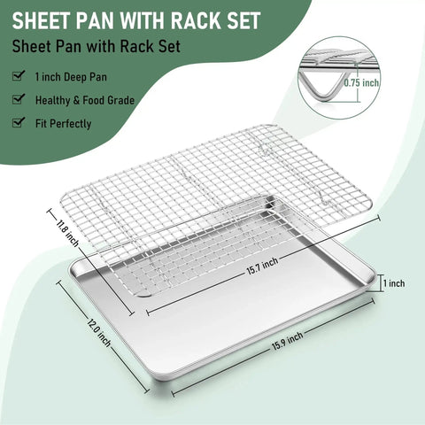 Stainless Steel Baking Sheet With Wire Rack Set 16 Inch By 12 Inch Pan And Cooling Rack for oven, cookie, roast, jelly roll style.