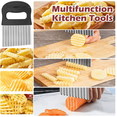 2 In 1 Crinkle Cutter With Peeler For Crinkle Fries And Veggie Prep Jayvar Stainless Steel Wave Cutter Turns Potatoes Cucumbers Zucchini And Carrots Into Fun Ridges, Fast Prep, Durable Kitchen Tool shown cutting potatoes and carrots