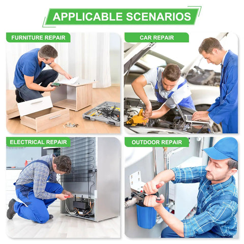 Four images depicting applicable repair scenarios: furniture, car, electrical, and outdoor repairs with visible tools and people.