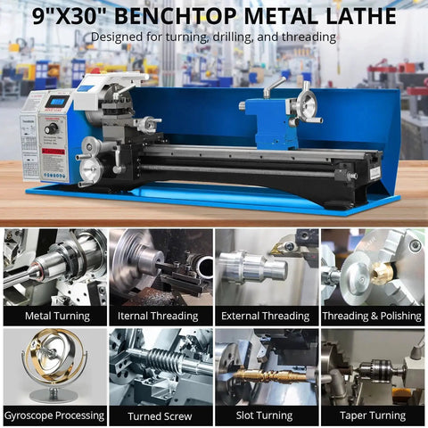 Benchtop view of Beefy 9 By 30 Inch Metal Lathe with 1100W Motor and 2500 RPM, includes 5-inch 3-jaw chuck for metalworking.