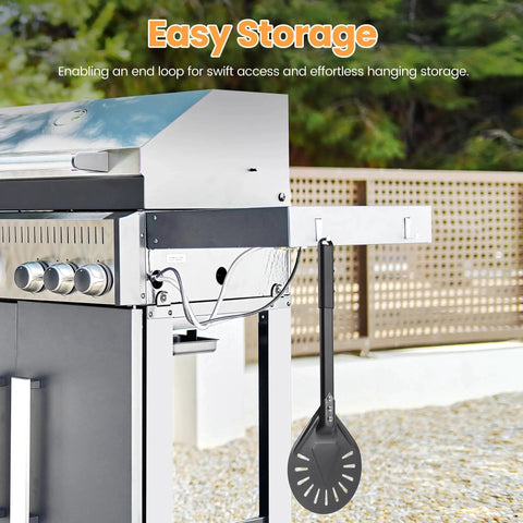 Perforated Pizza Turning Peel For Crisp Crust And Fast Steam Release Restaurant Grade Aluminum Lightweight Outdoor Pizza Oven Accessory shown hanging on outdoor grill