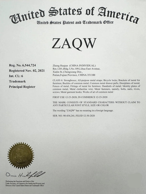 US patent certificate image featuring ZAQW, United States of America header, seal, and signature