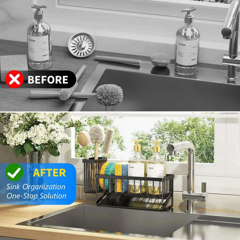 Sink Caddy With Brush Holder And Self Drain Tray Rustproof Stainless Steel Organizer For Sponges Soaps And Dish Brushes Easy Drainage System Keeps Counter Dry And Clutter Free showing before and after organization.