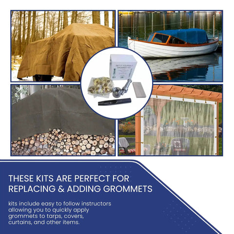 Collage featuring Grommet Tool Kit For Tarps And Tarp Repair Five Eighth Inch Hole Die Cutting Punch, tarps, and fabric covers.