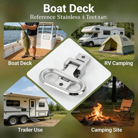 Close-up of a 316 stainless steel folding foot pedal with a spring-loaded hinge for boat trailer and RV.