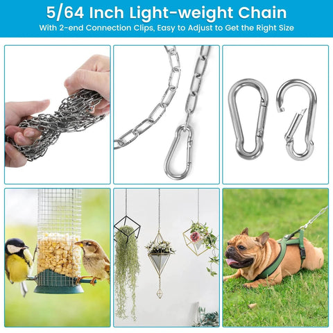 10 Feet Light Duty Stainless Steel Chain With 5 64th Inch Links And 5 32nd Inch Carabiners shown with indoor outdoor applications