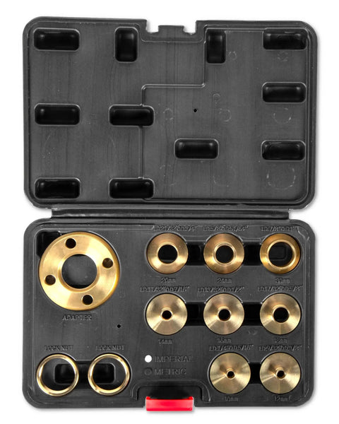 Precision Brass Router Template And Guide Bushing Set For 1-3/16 Inch Base Plate Opening, 11-Piece Kit in open case showing parts