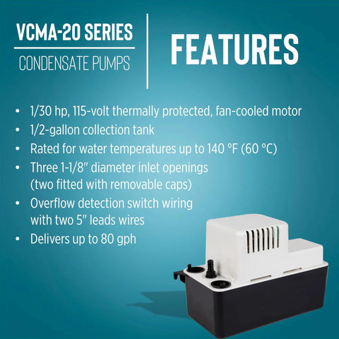 Little Giant VCMA-20ULST condensate pump, 115V, 80 GPH, 1/30 HP, white top with black base, 20 ft tubing