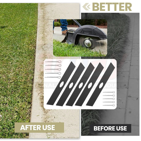 Front view: five black edger blades with 1-inch center holes and retaining pins