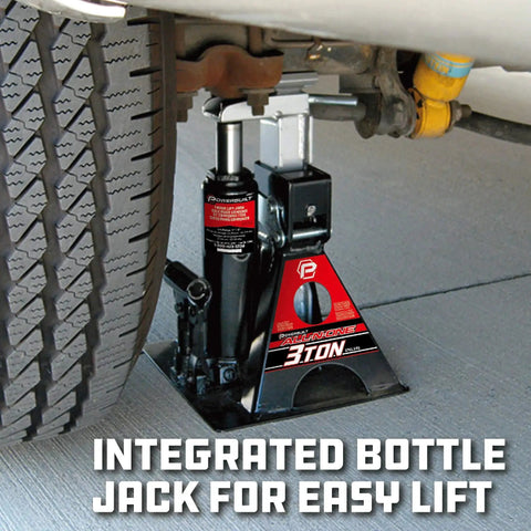 3 Ton All In One Hydraulic Bottle Jack And Jackstand With Ratcheting Safety Bar installed under vehicle near tire