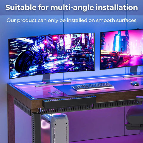 Gaming desk setup with 62.8 Inch Cable Raceway Kit for under desk cable management, dual monitors, and keyboard. PVC tray installed.