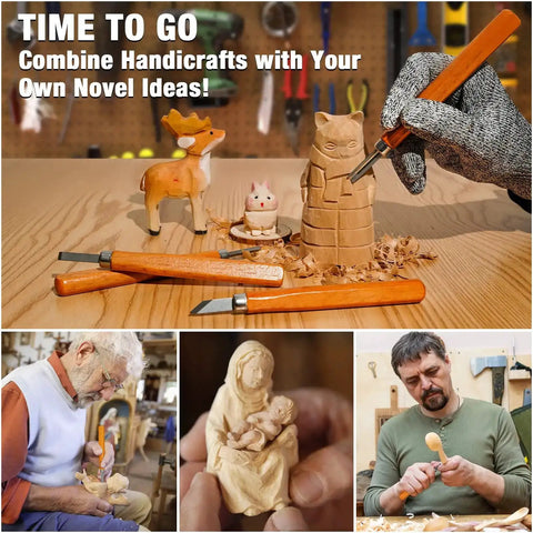 Collage of 23 Piece Wood Carving Set For DIYers With 4 Large Knives 5 Detail Knives shown during use and carved wood figures