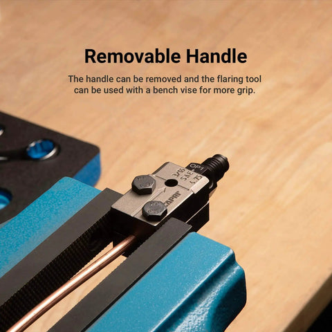 Three Sixteenth Inch Double Flaring Tool For SAE 45 Degree Flares On Line Tubing with removable handle in bench vise