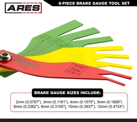 8 Piece Metal Brake Gauge Tool Set for Sheet Metal, 20 Gauge, color coded high visibility finish, showing SAE and metric sizes
