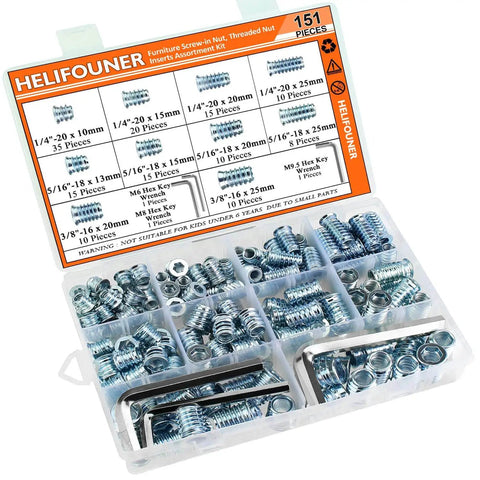 DIY Ready 148 Piece Threaded Inserts Kit For Wood With 1/4-20, 5/16-18, 3/8-16 Coarse Threads And Included Hex Wrench