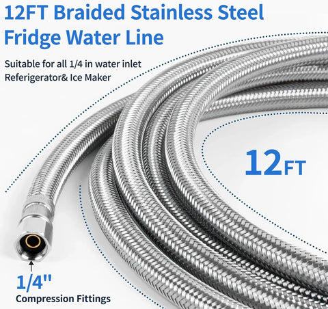 12 ft braided stainless steel fridge water line with 1/4-in compression fittings, universal fit
