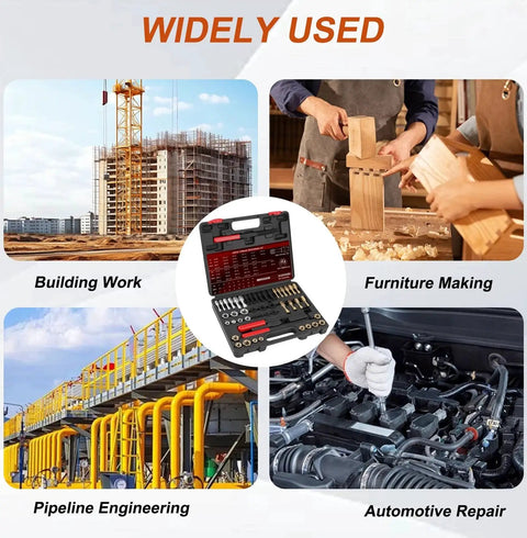 All In One 49 Piece Thread Chaser And Repair Kit shown used in building, furniture making, pipeline engineering, automotive repair
