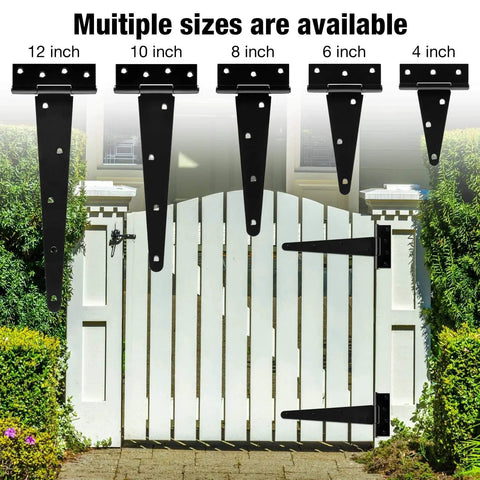 Multiple sizes of gate hinges including 10 Inch T Strap Shed Door Hinge Heavy Duty 2 Pack Gate Hinge For Barn Fence Farm Exterior Interior Doors