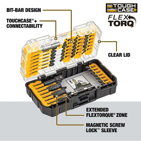 Impact Ready 40-Piece Screwdriver Bit Set With Storage Case For FlexTorq Impact Drivers See Through Lid Patented Bit Bar For Easy Bit Removal Grab-And-Go Handy Case Dewalt