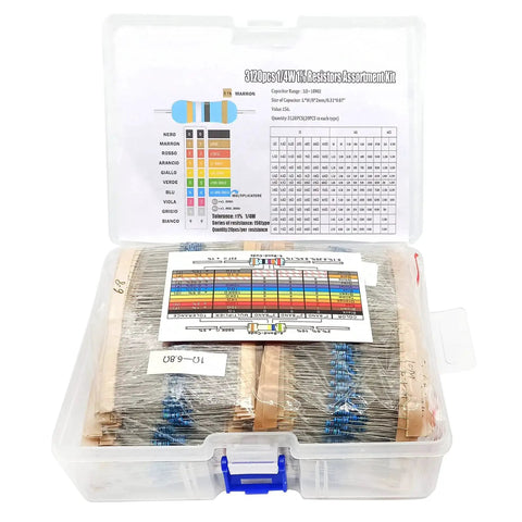 Metal film resistor kit in a clear plastic case with hundreds of resistors and a color-code chart.