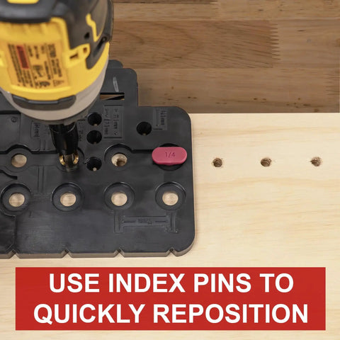 Cabinet Mate Shelf Pin Drilling Jig With One Quarter Inch Self Centering Brad Point Bit Included used on wooden board