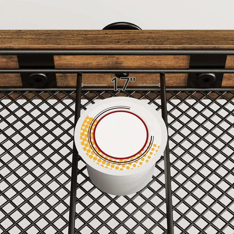 Compact Coffee Pod Drawer Holder With 35 Capsule Capacity for K Cup Storage featuring sliding mesh basket, rustic brown top view.