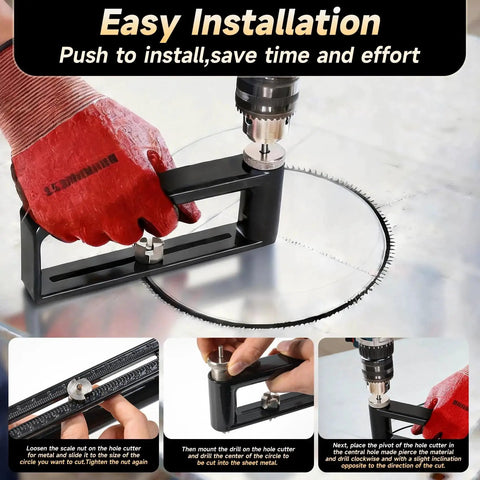 2 To 12 Inch Adjustable Hole Saw for Sheet Metal Cuts Circular Holes in 24 Gauge Steel and 26 Gauge Stainless Steel HVAC Ductwork Duct Hole Cutter Roofing Construction Tool being used on metal sheet