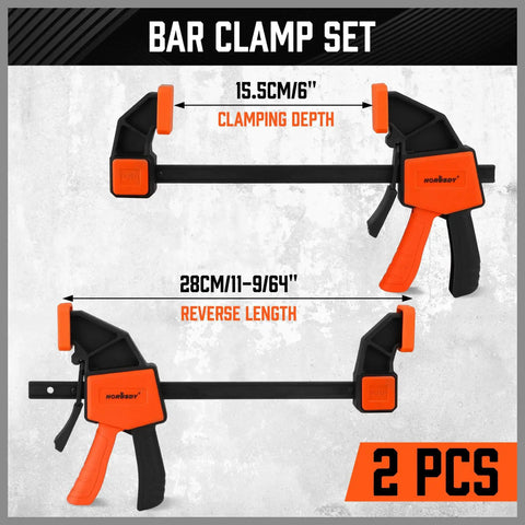 Two Pack 6 Inch Bar Clamps For Woodworking Ready To Grab And Go Quick Grip Release Heavy Duty F Clamp And Spreader Trigger Clamp With 150 Lbs Load Limit For Woodworking Carpentry And DIY Projects with dimensions shown.
