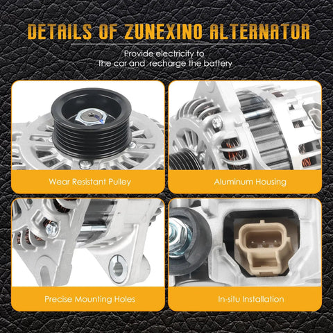 Close-up of alternator showing wear-resistant pulley and aluminum housing details