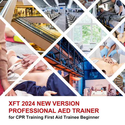 Collage of AED trainer scenes showing CPR training environments and devices for beginners