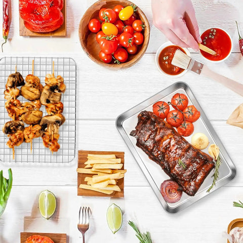 Stainless Steel Baking Sheet With Wire Rack For Toaster Oven, 10.5 By 8.3 Inches, holding grilled meat and veggies on table